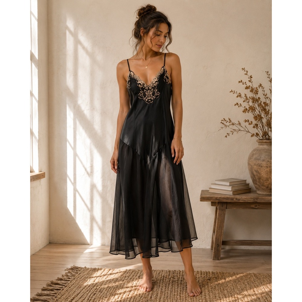 Vintage Sophia Morgan Black Satin Sheer Mesh Lace Trim Midi Nightgown Medium